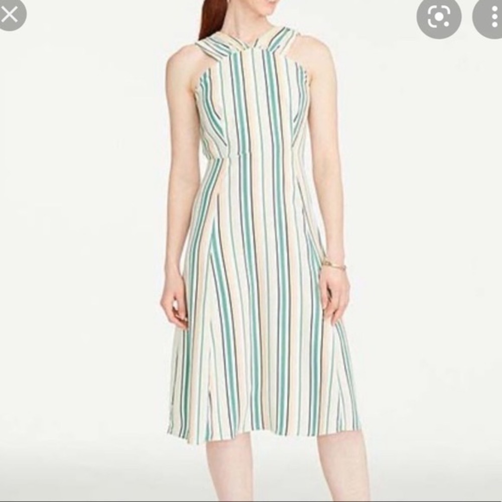 Ann Taylor Factory NWT Striped Herbal Green Halter Midi Dress Size 4P - Picture 2 of 12